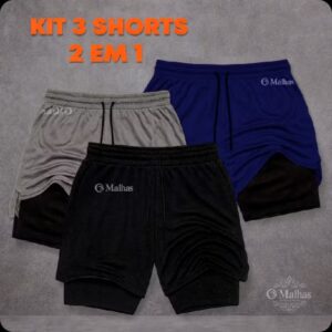 Kit 3 Shorts 2 em 1 Masculino Dry Fit com Compressão e Bolso Interno Bermuda Academia Treino Corrida