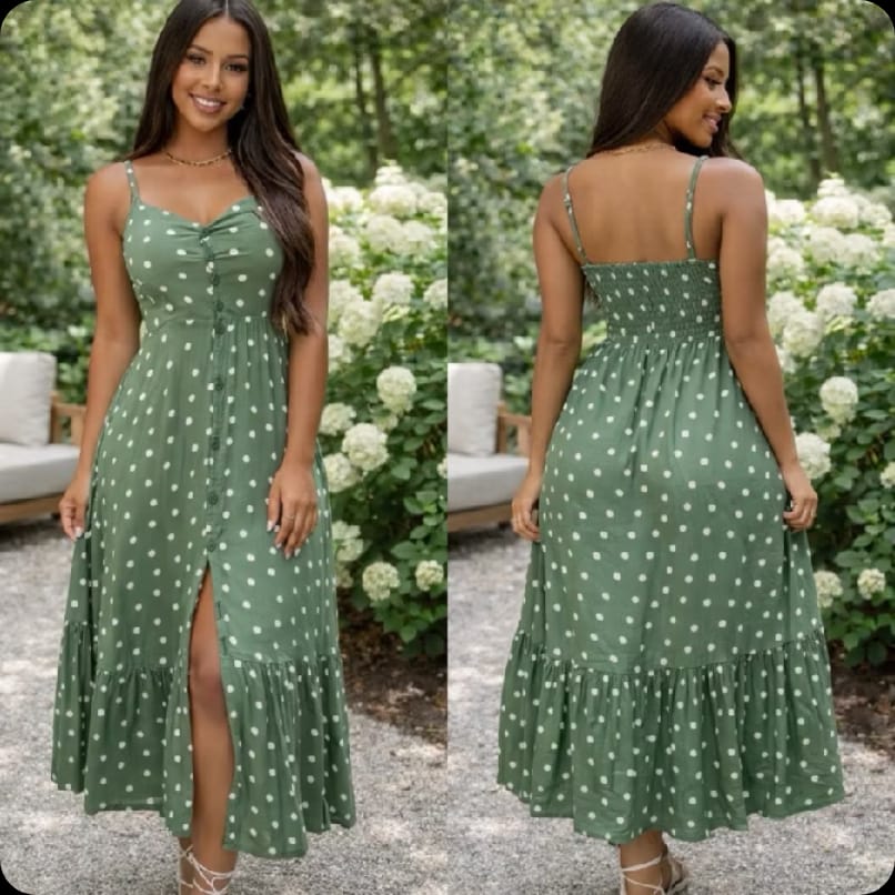 Vestido Midi Longo Crepinho Com Bojo e Botões Alça Ajustavel