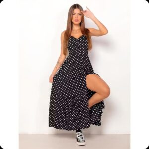 Vestido Longo Soltinho Feminino Viscose Poa Bolinha Lastex Verão